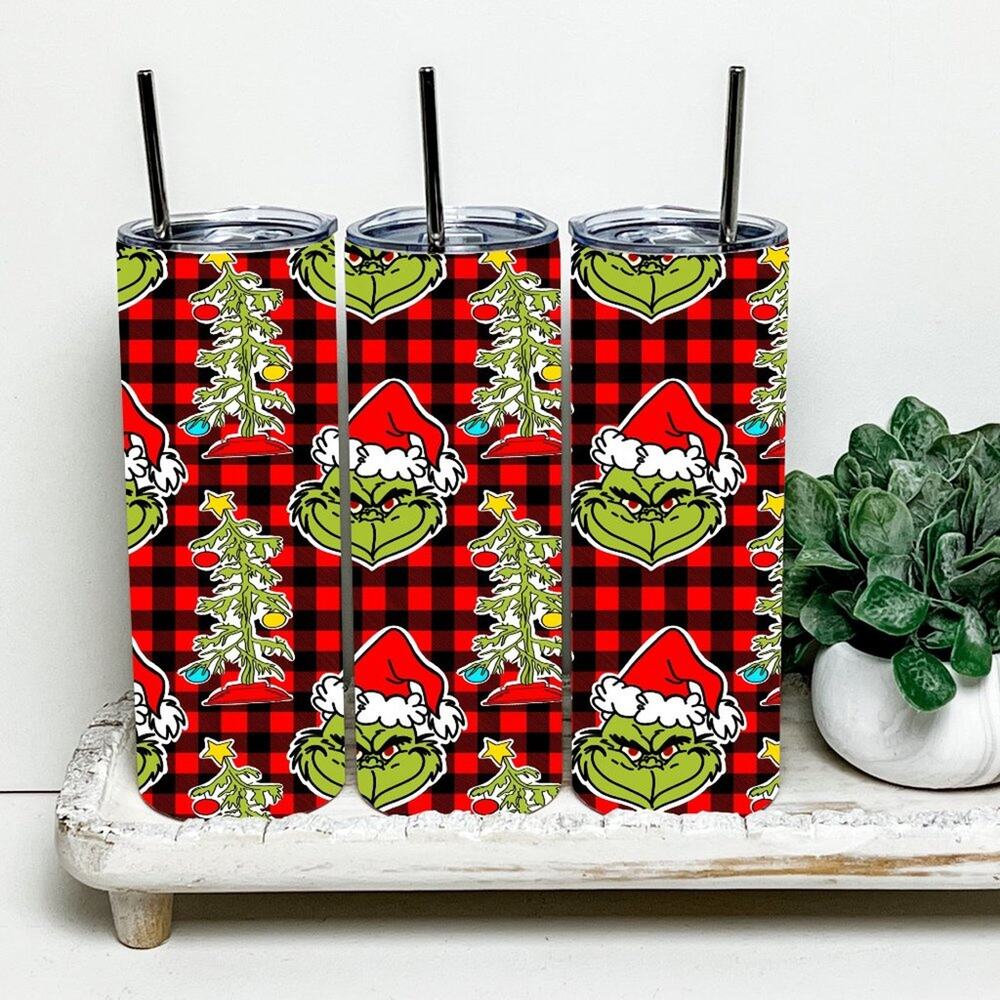 The Grinch Buffalo Plaid Christmas 20oz Tumbler With Metal Straw